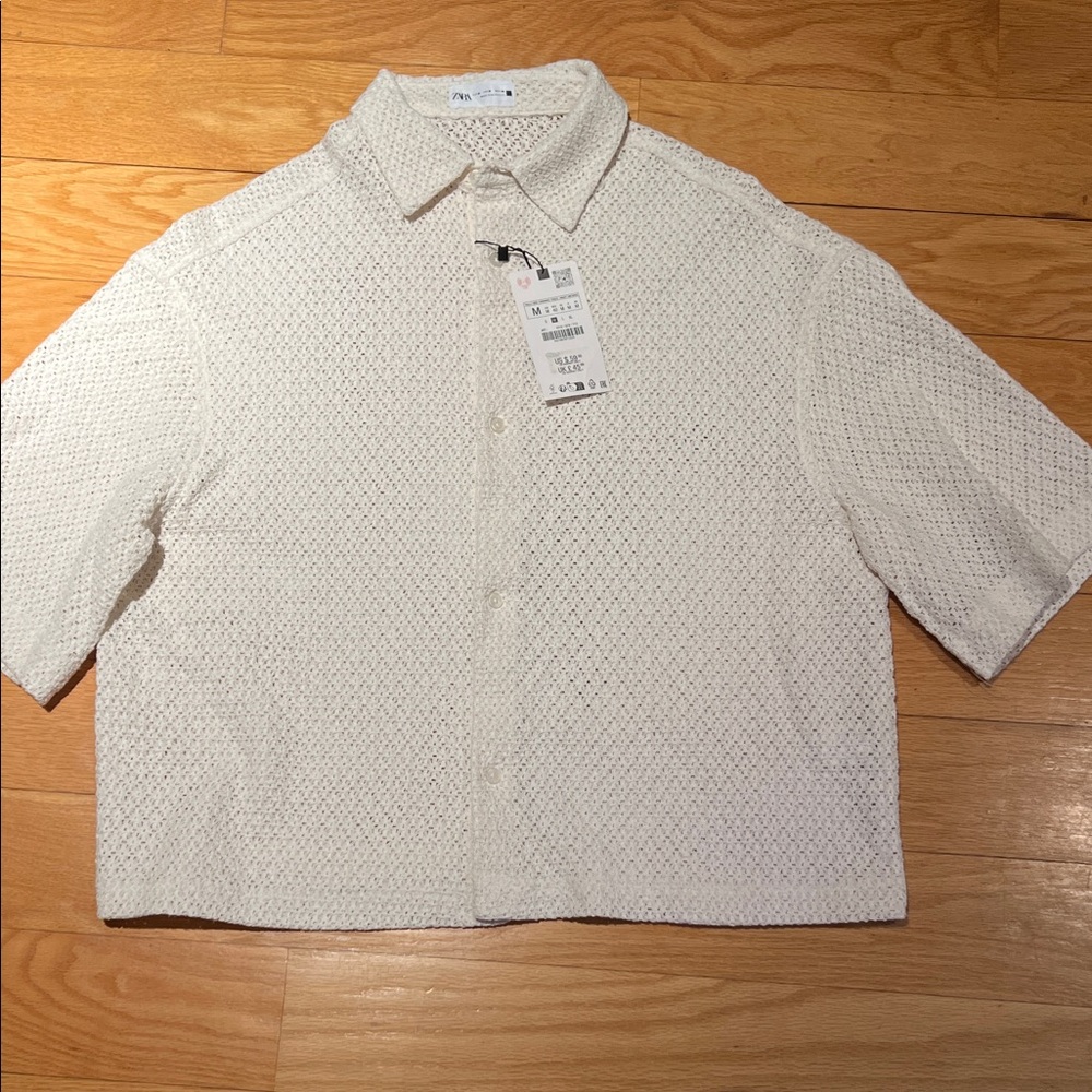 Zara Cream Open-Knit Short Sleeve Button Front Shirt
